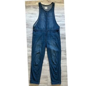 Volcom Womens Denim Jumpsuit Medium Wash Button Front Drawstring Blue Small S/10